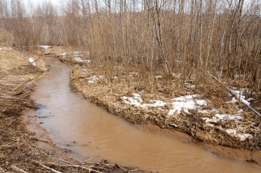 Bahar River, buz Nehri üzerinde. çıplak ağaçlar ve mavi gökyüzünde güzel bulutlar güzel bahar manzara nehir buz ile erimiş