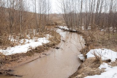 Bahar River, buz Nehri üzerinde. çıplak ağaçlar ve mavi gökyüzünde güzel bulutlar güzel bahar manzara nehir buz ile erimiş