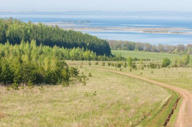 Bahar, büyük bir nehir, renkli ağaçlar. Nehir kenarında yumuşak sabah şafak ışığı içinde filizlenen büyük ağaç. Sakin nehir düşük dağlara akan