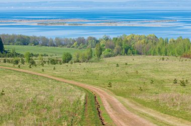 Bahar, büyük bir nehir, renkli ağaçlar. Nehir kenarında yumuşak sabah şafak ışığı içinde filizlenen büyük ağaç. Sakin nehir düşük dağlara akan