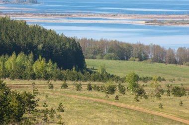Bahar, büyük bir nehir, renkli ağaçlar. Nehir kenarında yumuşak sabah şafak ışığı içinde filizlenen büyük ağaç. Sakin nehir düşük dağlara akan