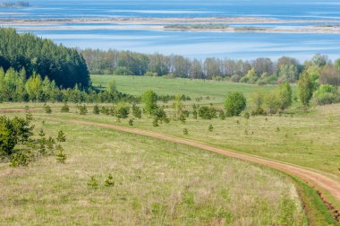 Bahar, büyük bir nehir, renkli ağaçlar. Nehir kenarında yumuşak sabah şafak ışığı içinde filizlenen büyük ağaç. Sakin nehir düşük dağlara akan