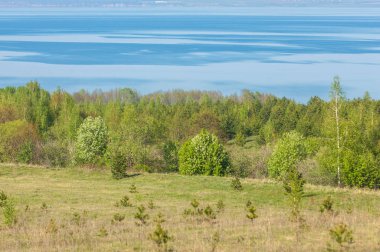 Bahar, büyük bir nehir, renkli ağaçlar. Nehir kenarında yumuşak sabah şafak ışığı içinde filizlenen büyük ağaç. Sakin nehir düşük dağlara akan