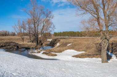 Brook bahar. güneşli bir bahar brooks suda eriyen doku. nehir dere dere. Bahar Nehri üzerinde buz erime. 