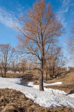 Brook bahar. güneşli bir bahar brooks suda eriyen doku. nehir dere dere. Bahar Nehri üzerinde buz erime. 