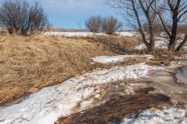 Brook bahar. güneşli bir bahar brooks suda eriyen doku. nehir dere dere. Bahar Nehri üzerinde buz erime. 