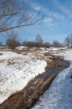 Brook bahar. güneşli bir bahar brooks suda eriyen doku. nehir dere dere. Bahar Nehri üzerinde buz erime. 