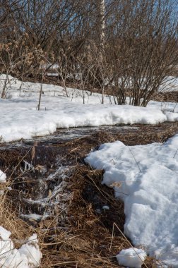 Brook bahar. güneşli bir bahar brooks suda eriyen doku. nehir dere dere. Bahar Nehri üzerinde buz erime. 