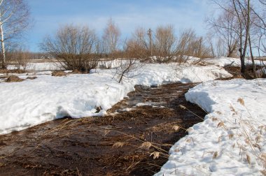 Brook bahar. güneşli bir bahar brooks suda eriyen doku. nehir dere dere. Bahar Nehri üzerinde buz erime. 
