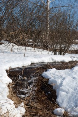 Brook bahar. güneşli bir bahar brooks suda eriyen doku. nehir dere dere. Bahar Nehri üzerinde buz erime. 