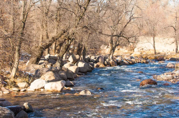su küçük bir nehir erken ilkbahar akarsu. Bahar sahne. donmuş bir dere ile dağ manzarası