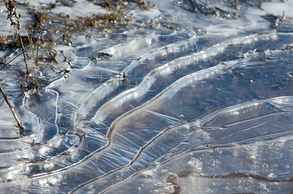 Textur Frusen Vattenpöl Våren Ice Mönster — Stockfoto