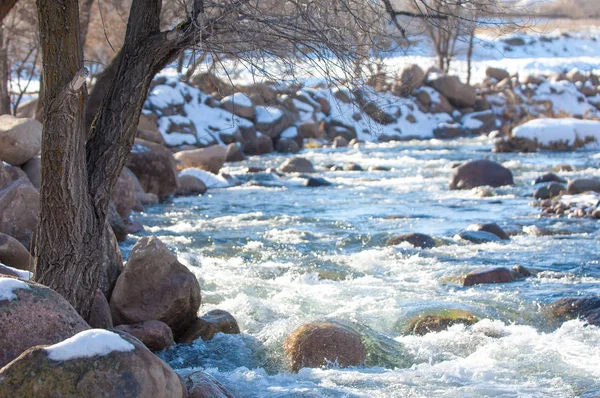 su küçük bir nehir erken ilkbahar akarsu. Bahar sahne. donmuş bir dere ile dağ manzarası