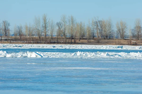 River flood. Torn river ice. River with the last ice. Russia Tatarstan Kama river in early spring
