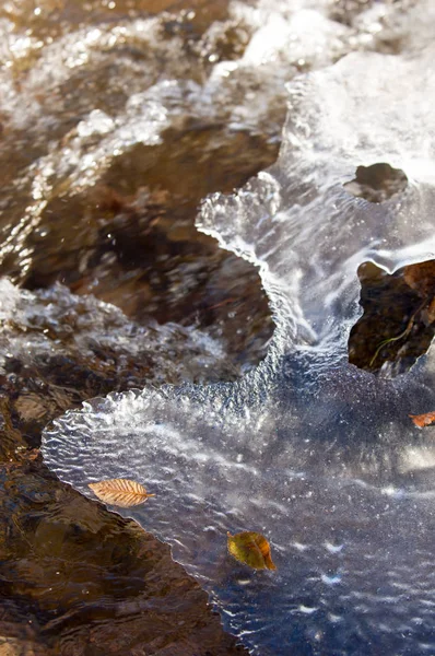 su küçük bir nehir erken ilkbahar akarsu. Bahar sahne. donmuş bir dere ile dağ manzarası