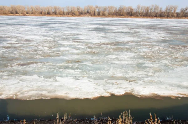 Bahar River, buz Nehri üzerinde. çıplak ağaçlar ve mavi gökyüzünde güzel bulutlar güzel bahar manzara nehir buz ile erimiş