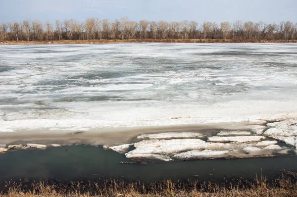 Bahar River, buz Nehri üzerinde. çıplak ağaçlar ve mavi gökyüzünde güzel bulutlar güzel bahar manzara nehir buz ile erimiş