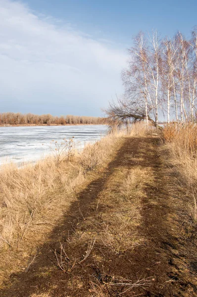 Bahar River, buz Nehri üzerinde. çıplak ağaçlar ve mavi gökyüzünde güzel bulutlar güzel bahar manzara nehir buz ile erimiş
