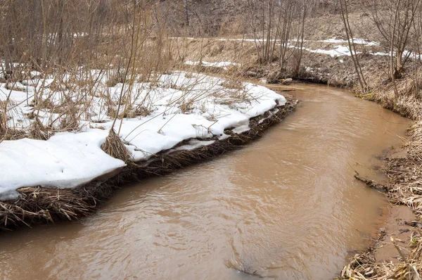 Bahar River, buz Nehri üzerinde. çıplak ağaçlar ve mavi gökyüzünde güzel bulutlar güzel bahar manzara nehir buz ile erimiş