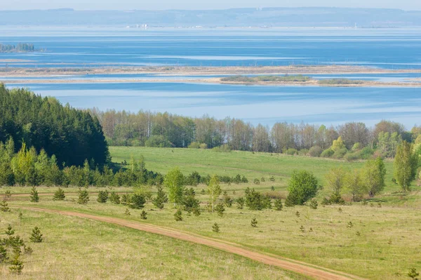 Bahar, büyük bir nehir, renkli ağaçlar. Nehir kenarında yumuşak sabah şafak ışığı içinde filizlenen büyük ağaç. Sakin nehir düşük dağlara akan