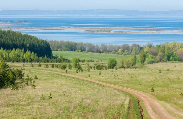 Bahar, büyük bir nehir, renkli ağaçlar. Nehir kenarında yumuşak sabah şafak ışığı içinde filizlenen büyük ağaç. Sakin nehir düşük dağlara akan