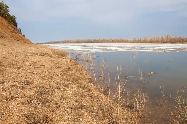 Bahar River, buz Nehri üzerinde. çıplak ağaçlar ve mavi gökyüzünde güzel bulutlar güzel bahar manzara nehir buz ile erimiş