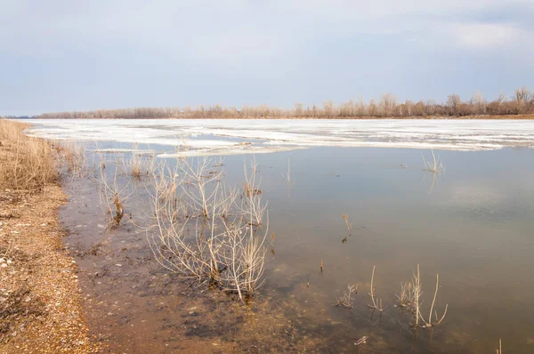 Bahar River, buz Nehri üzerinde. çıplak ağaçlar ve mavi gökyüzünde güzel bulutlar güzel bahar manzara nehir buz ile erimiş