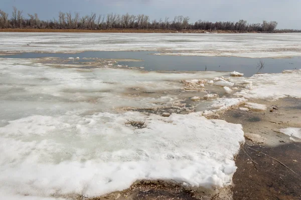 Bahar River, buz Nehri üzerinde. çıplak ağaçlar ve mavi gökyüzünde güzel bulutlar güzel bahar manzara nehir buz ile erimiş