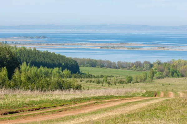Bahar, büyük bir nehir, renkli ağaçlar. Nehir kenarında yumuşak sabah şafak ışığı içinde filizlenen büyük ağaç. Sakin nehir düşük dağlara akan