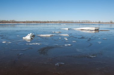 Nehir ile kırık buz enerji ayağı. buz Tepecik bahar Nehri üzerinde. manzara yakın çekim buz drift güneşli bir bahar Nehri üzerinde