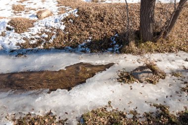 su küçük bir nehir erken ilkbahar akarsu. Bahar sahne. donmuş bir dere ile dağ manzarası