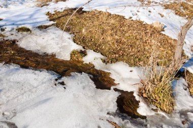 su küçük bir nehir erken ilkbahar akarsu. Bahar sahne. donmuş bir dere ile dağ manzarası
