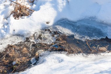 su küçük bir nehir erken ilkbahar akarsu. Bahar sahne. donmuş bir dere ile dağ manzarası
