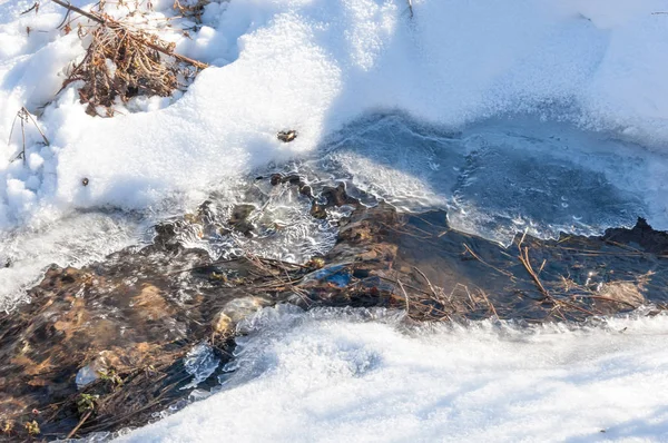 su küçük bir nehir erken ilkbahar akarsu. Bahar sahne. donmuş bir dere ile dağ manzarası