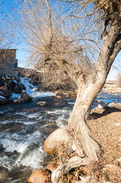 su küçük bir nehir erken ilkbahar akarsu. Bahar sahne. donmuş bir dere ile dağ manzarası