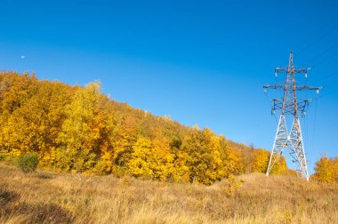 Sonbahar sahneleri. Energo. Yeşil enerji, enerji santrali, yakın yüksek voltajlı güç hatları kavramı. Güç Dağıtım İstasyonu. yüksek voltajlı elektrik iletim bir pilon siluet kulenin.
