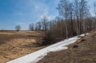 Bahar manzara. bahar alanında son kar. engebeli arazi. ağaçların yaprakları olmadan. ilk sıcak günleridir