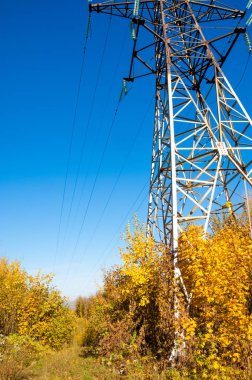 Sonbahar sahneleri. Energo. Yeşil enerji, enerji santrali, yakın yüksek voltajlı güç hatları kavramı. Güç Dağıtım İstasyonu. yüksek voltajlı elektrik iletim bir pilon siluet kulenin.