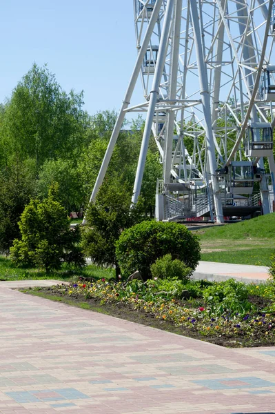 Şehir Parkı içinde dönme dolap. Kırmızı Dev dönme dolap ile berrak mavi gökyüzünün yarısı. Büyük vintage dalgalanmalar 