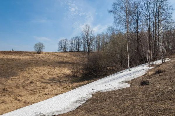 Lente Landschap Laatste Sneeuw Het Gebied Van Lente Heuvelachtig Terrein — Stockfoto