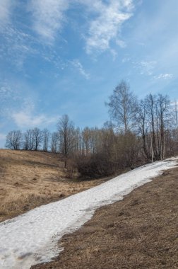 Bahar manzara. bahar alanında son kar. engebeli arazi. ağaçların yaprakları olmadan. ilk sıcak günleridir