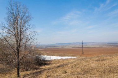 Bahar manzara. bahar alanında son kar. engebeli arazi. ağaçların yaprakları olmadan. ilk sıcak günleridir