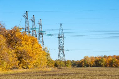 Sonbahar sahneleri. Energo. Yeşil enerji, enerji santrali, yakın yüksek voltajlı güç hatları kavramı. Güç Dağıtım İstasyonu. yüksek voltajlı elektrik iletim bir pilon siluet kulenin.