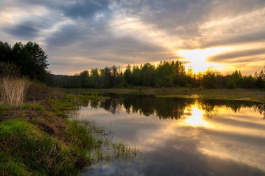 Bahar catering. Bir güzel bahar yatay bir bataklık, gündoğumu. Yeşil orman ve bulutlu gökyüzü bulutlu. Açık havada doğal çevre kavramı.