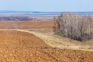Bahar manzara. Taze sürülmüş alan. engebeli arazi. ağaçların yaprakları olmadan. Çok renkli bahar ağaçları. Geçen yılki kış kar kalan. Son kar.