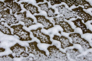 Doku, arka plan, desen. İlk kar kaldırıma. Sonbahar sonu. Güzel çizim kar ile boyalı