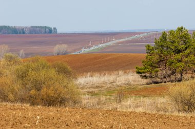 Bahar manzara. Taze sürülmüş alan. engebeli arazi. ağaçların yaprakları olmadan. Çok renkli bahar ağaçları. Geçen yılki kış kar kalan. Son kar.