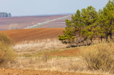 Bahar manzara. Taze sürülmüş alan. engebeli arazi. ağaçların yaprakları olmadan. Çok renkli bahar ağaçları. Geçen yılki kış kar kalan. Son kar.