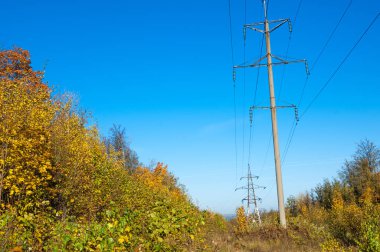 Sonbahar sahneleri. Energo. Yeşil enerji, enerji santrali, yakın yüksek voltajlı güç hatları kavramı. Güç Dağıtım İstasyonu. yüksek voltajlı elektrik iletim bir pilon siluet kulenin.
