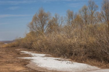 Bahar manzara. bahar alanında son kar. engebeli arazi. ağaçların yaprakları olmadan. ilk sıcak günleridir